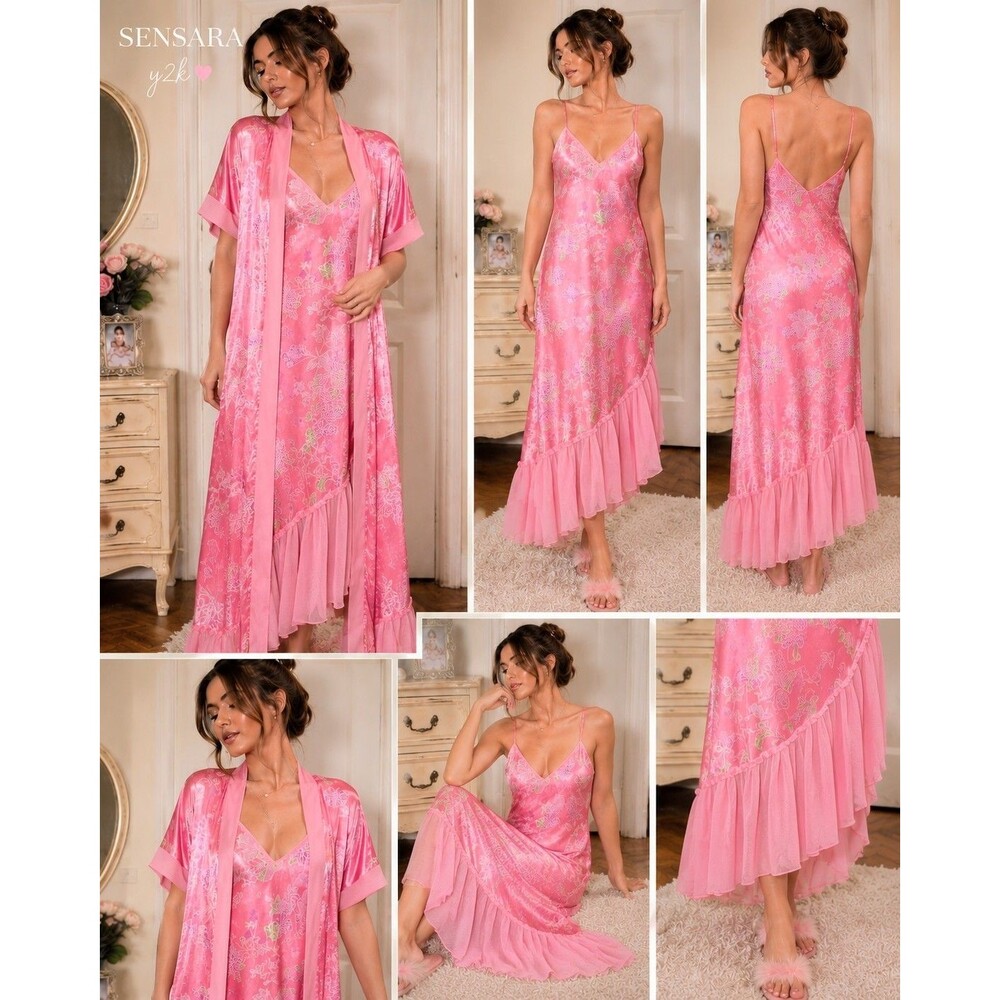 Authentic Y2K Sensara Intimates Pink Satin Floral Sleep Set Robe Chemise L/XL